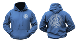 Blue Knights Templar hoodie, front and back view. Features small cross chest logo and large Crusader Knight emblem with motto on the back.