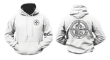 white Knights Templar hoodie, front and back view. Features small cross chest logo and large Crusader Knight emblem with motto on the back.