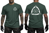 Forest Green graphic t-shirt with a gray Kali FMA martial arts design. Clean front chest and large back print of the Filipino warrior tactical triangle emblem.