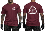 Maroon graphic tee featuring a gray Filipino Martial Arts triangle emblem. Double-sided print showcasing the FMA tactical sun logo for martial arts practitioners.
