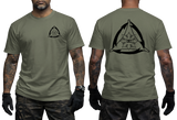 Military Green tactical t-shirt featuring a gray Filipino Martial Arts emblem. Double-sided print showing the FMA triangle and stylized Philippine sun design.