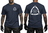 Navy blue Filipino Martial Arts t-shirt featuring a detailed gray FMA graphic logo. Premium tactical short sleeve tee showing a small front chest print and large back print of the triangle sun emblem.