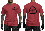 Red short sleeve t-shirt with a high-contrast gray Kali FMA martial arts logo. Front pocket-sized logo and large back print featuring the tactical triangle sun emblem.