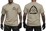 Sand color military style t-shirt with a gray Kali FMA graphic logo. Front and back view of the tactical martial arts triangle emblem featuring ancient symbols.