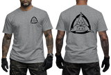 Sports Grey heather t-shirt featuring a gray Filipino Martial Arts logo. Monochrome tactical triangle sun emblem printed on a premium short sleeve training tee.