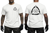 White cotton t-shirt with a gray Kali FMA tactical emblem on the front and back. Clean view of the Filipino martial arts triangle and sun warrior graphic design.