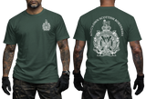 Front and back views of a dark green t-shirt worn by a model. The front features a small white crest on the left chest, and the back features a large white crest with the text 'KING'S OWN SCOTTISH BORDER'.