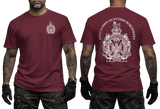 A man modeling a maroon short-sleeve T-shirt shown from the front and back. The front has a small white crest on the left chest, and the back has a large white crest with the text 'KING'S OWN SCOTTISH BORDER' arched above it.