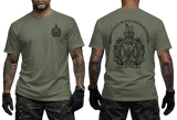 Front and back views of an olive green short-sleeve t-shirt worn by a model. The front features a small black crest on the left chest, and the back features a large black crest with the text 'KINGS OWN SCOTTISH BORDERS'.