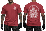 A red short-sleeve T-shirt shown on a model from the front and back. The front has a small white crest on the left chest, and the back has a large white crest with the text 'KING'S OWN SCOTTISH BORDERS' arched above it.