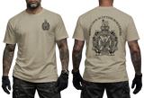 A man modeling a light tan t-shirt, showing both the front and back views. The front features a small black crest on the left chest, and the back features a large black crest with the text 'KINGS OWN SCOTTISH BORDERS'.