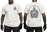 A man modeling a white short-sleeve T-shirt shown from the front and back. The front has a small black crest graphic on the left chest, and the back has a large black crest with the text 'KINGS OWN SCOTTISH BORDERS.