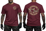 Korean Marine Corps ROKMC Force Recon tactical t-shirt featuring a front left-chest print and a large back graphic of a camouflage shark holding a rifle inside a circular military emblem on a maroon tee.
