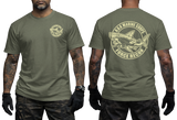Korean Marine Corps ROKMC Force Recon tactical t-shirt featuring a front left-chest print and a large back graphic of a camouflage shark holding a rifle inside a circular military emblem on a military green tee.