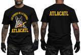 Los Perros de la Guerra Atlacatl T-Shirt in black featuring a distressed wolf graphic with yellow lettering on the front and ATLACATL text on the back