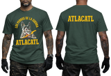 Los Perros de la Guerra Atlacatl T-Shirt in forest green with a wolf illustration, yellow Los Perros de la Guerra lettering, and ATLACATL back print