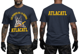 Los Perros de la Guerra Atlacatl T-Shirt in navy blue featuring a wolf graphic with yellow Spanish lettering on the front and ATLACATL text on the back
