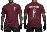 MARSOC Scout Sniper T-Shirt in maroon with front Shadowman chest design and back Scout Sniper School graphic
