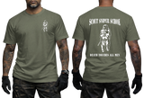MARSOC Scout Sniper T-Shirt in military green with front Shadowman chest design and back Scout Sniper School graphic