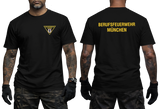 Front and back view of a black t-shirt featuring the yellow Berufsfeuerwehr München logo on the chest and bold back text.