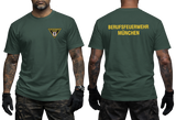 Front and back view of a forest green t-shirt featuring the yellow Berufsfeuerwehr München logo on the chest and bold back text.