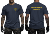 Front and back view of a navy t-shirt featuring the yellow Berufsfeuerwehr München logo on the chest and bold back text.