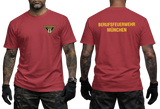 Front and back view of a red t-shirt featuring the yellow Berufsfeuerwehr München logo on the chest and bold back text.