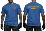Front and back view of a royal blue t-shirt featuring the yellow Berufsfeuerwehr München logo on the chest and bold back text.