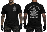 Royal Netherlands Marine Corps RNLMC black t-shirt featuring Korps Mariniers logo crest on left chest and large emblem print on back.