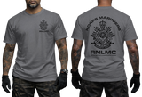 Royal Netherlands Marine Corps RNLMC charcoal t-shirt featuring Korps Mariniers logo crest on left chest and large emblem print on back.