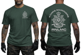Royal Netherlands Marine Corps RNLMC forest green t-shirt featuring Korps Mariniers logo crest on left chest and large emblem print on back.