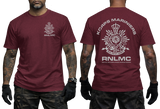 Royal Netherlands Marine Corps RNLMC maroon t-shirt featuring Korps Mariniers logo crest on left chest and large emblem print on back.
