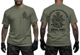 Royal Netherlands Marine Corps RNLMC military green t-shirt featuring Korps Mariniers logo crest on left chest and large emblem print on back.