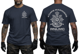 Royal Netherlands Marine Corps RNLMC navy t-shirt featuring Korps Mariniers logo crest on left chest and large emblem print on back.