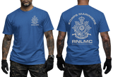 Royal Netherlands Marine Corps RNLMC blue t-shirt featuring Korps Mariniers logo crest on left chest and large emblem print on back.