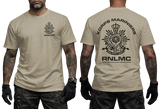 Royal Netherlands Marine Corps RNLMC sand t-shirt featuring Korps Mariniers logo crest on left chest and large emblem print on back.
