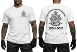 Royal Netherlands Marine Corps RNLMC white t-shirt featuring Korps Mariniers logo crest on left chest and large emblem print on back.
