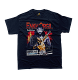 A front view of a navy t-shirt featuring a detailed vintage bootleg-style graphic of Mongolian MMA fighter Enkh-Orgil Baatarkhuu. The design includes a distressed portrait of the fighter, the name 'Enkh-Orgil Baatarkhuu' in red text, a red graphic of the Mongolian flag Soyombo symbol, a graphic of another fighter in a submission hold, a 'Champion One' badge, and a warning label. The t-shirt is displayed flat on a white background, complete with a small Supremashirt.com neck label inside the collar.
