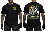 Two-view composite image of a black tactical t-shirt featuring Polish Podhale Rifles (21 BSP) graphics. The left side shows the front with a small circular chest emblem containing an edelweiss flower and '21 BSP' text. The right side shows the back with a large graphic of Polish mountain infantry soldiers in historic helmets holding rifles under an edelweiss badge and mountain peaks, accompanied by '21 BRYGADA STRZELCÓW PODHALAŃSKICH' text and motto below.