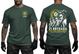 Two-view composite image of a forest green tactical t-shirt featuring Polish Podhale Rifles (21 BSP) graphics. The left side shows the front with a small circular chest emblem containing an edelweiss flower and '21 BSP' text. The right side shows the back with a large graphic of Polish mountain infantry soldiers in historic helmets holding rifles under an edelweiss badge and mountain peaks, accompanied by '21 BRYGADA STRZELCÓW PODHALAŃSKICH' text and motto below.