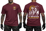 Two-view composite image of a maroon tactical t-shirt featuring Polish Podhale Rifles (21 BSP) graphics. The left side shows the front with a small circular chest emblem containing an edelweiss flower and '21 BSP' text. The right side shows the back with a large graphic of Polish mountain infantry soldiers in historic helmets holding rifles under an edelweiss badge and mountain peaks, accompanied by '21 BRYGADA STRZELCÓW PODHALAŃSKICH' text and motto below.