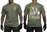 Two-view composite image of a military green tactical t-shirt featuring Polish Podhale Rifles (21 BSP) graphics. The left side shows the front with a small circular chest emblem containing an edelweiss flower and '21 BSP' text. The right side shows the back with a large graphic of Polish mountain infantry soldiers in historic helmets holding rifles under an edelweiss badge and mountain peaks, accompanied by '21 BRYGADA STRZELCÓW PODHALAŃSKICH' text and motto below.