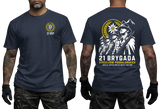 Two-view composite image of a navy tactical t-shirt featuring Polish Podhale Rifles (21 BSP) graphics. The left side shows the front with a small circular chest emblem containing an edelweiss flower and '21 BSP' text. The right side shows the back with a large graphic of Polish mountain infantry soldiers in historic helmets holding rifles under an edelweiss badge and mountain peaks, accompanied by '21 BRYGADA STRZELCÓW PODHALAŃSKICH' text and motto below.