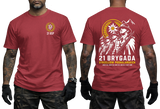 Two-view composite image of a red tactical t-shirt featuring Polish Podhale Rifles (21 BSP) graphics. The left side shows the front with a small circular chest emblem containing an edelweiss flower and '21 BSP' text. The right side shows the back with a large graphic of Polish mountain infantry soldiers in historic helmets holding rifles under an edelweiss badge and mountain peaks, accompanied by '21 BRYGADA STRZELCÓW PODHALAŃSKICH' text and motto below.