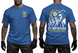 Two-view composite image of a blue tactical t-shirt featuring Polish Podhale Rifles (21 BSP) graphics. The left side shows the front with a small circular chest emblem containing an edelweiss flower and '21 BSP' text. The right side shows the back with a large graphic of Polish mountain infantry soldiers in historic helmets holding rifles under an edelweiss badge and mountain peaks, accompanied by '21 BRYGADA STRZELCÓW PODHALAŃSKICH' text and motto below.