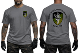 Front and back display of a smoke grey tactical military t-shirt featuring the official insignia of the Polish Special Forces Unit Jednostka Wojskowa NIL Kraków.