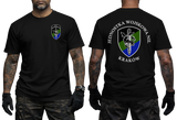 Front and back display of a black tactical military t-shirt featuring the official insignia of the Polish Special Forces Unit Jednostka Wojskowa NIL Kraków.