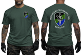 Front and back display of a dark green tactical military t-shirt featuring the official insignia of the Polish Special Forces Unit Jednostka Wojskowa NIL Kraków.