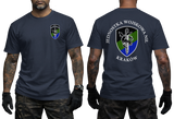 Front and back display of a navy tactical military t-shirt featuring the official insignia of the Polish Special Forces Unit Jednostka Wojskowa NIL Kraków.