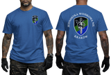 Front and back display of a royal blue tactical military t-shirt featuring the official insignia of the Polish Special Forces Unit Jednostka Wojskowa NIL Kraków.